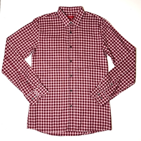 Hugo Boss Men's Slim Fit Button Down Long Sleeve Shirt Red Checkered Size- M - Picture 1 of 7